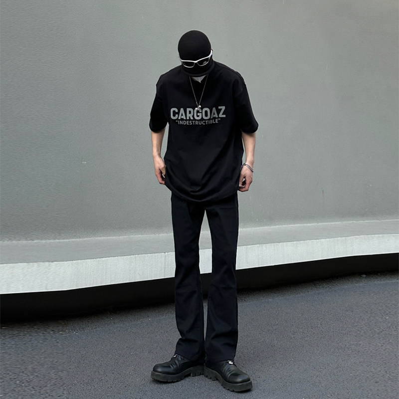 早秋美高街纯黑色弹力修身直筒大码微喇情侣牛仔裤男K860-P50图片