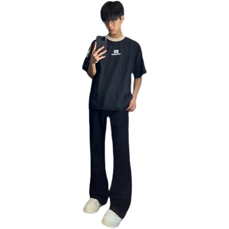 早秋美高街纯黑色弹力修身直筒大码微喇情侣牛仔裤男K860-P50,男装牛仔裤,星座205