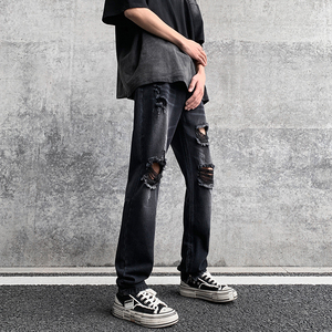 春夏 高街vibe修身破洞黄泥染拉链牛仔裤男 K822-K823-P55图片