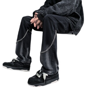 早秋高街vibe黑色扎染设计感链条修身微喇牛仔裤男 K880-P55 控78图片