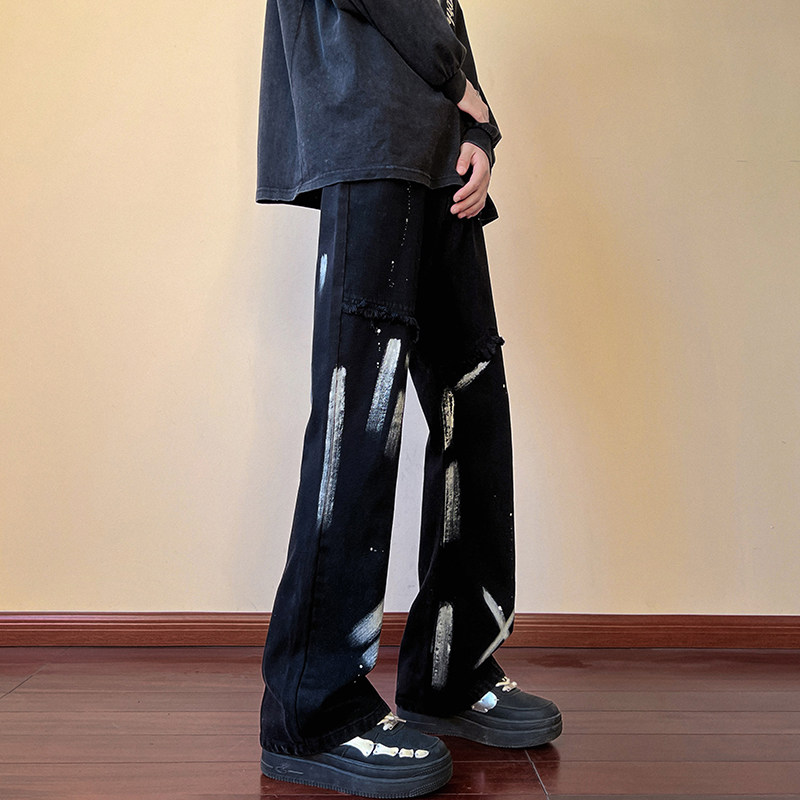 早秋高街美式vibe微喇扎染修身牛仔裤男黑色休闲裤K883-P55控78,男装牛仔裤,星座205