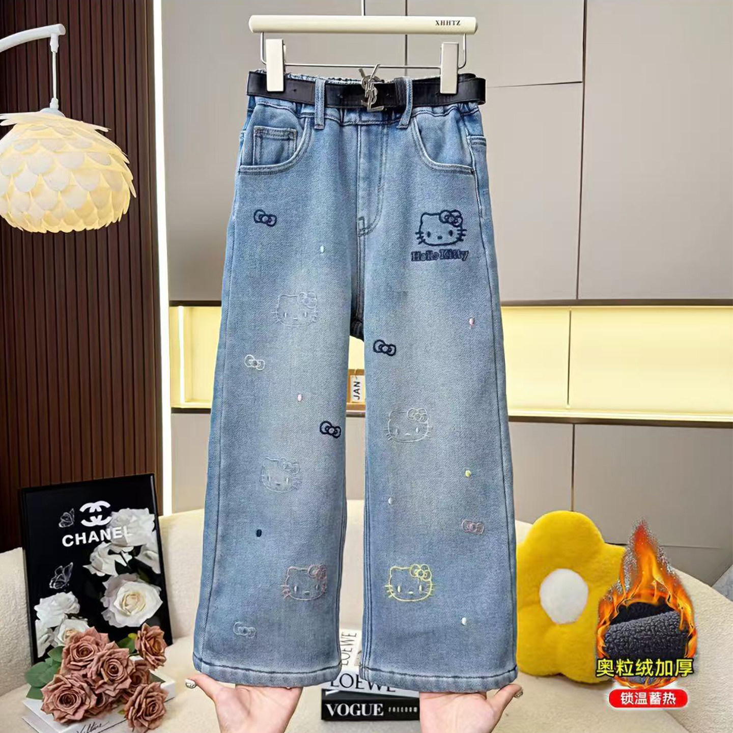 女童卡通加绒牛仔裤2025秋冬新款凯蒂猫高腰休闲裤宽松柔软直筒裤