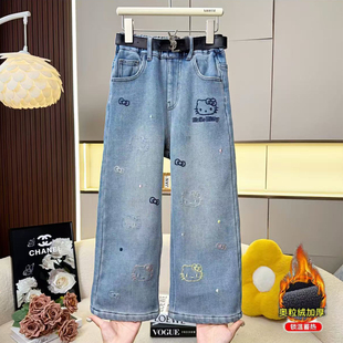 女童卡通加绒牛仔裤2025秋冬新款凯蒂猫高腰休闲裤宽松柔软直筒裤