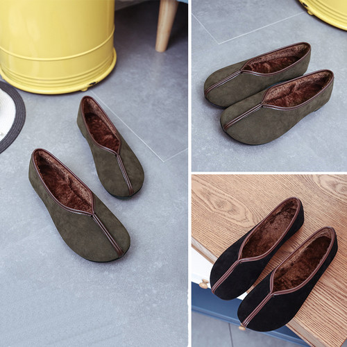 2024秋冬季韩版复古加绒奶奶鞋舒适绒面平底懒人鞋豆豆鞋孕妇鞋女