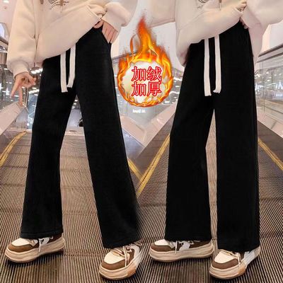 女童加绒加厚裤子2025秋冬季新款灯芯绒洋气中大童阔腿裤休闲筒裤
