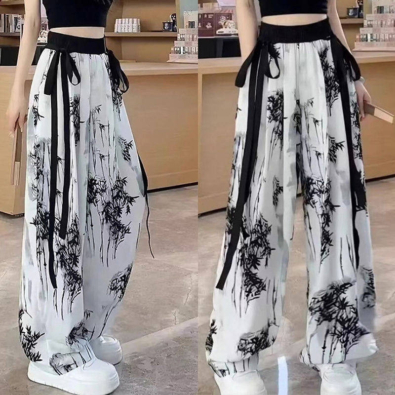 新国风水墨冰丝阔腿裤夏季女童大童薄款休闲飘带垂感直筒拖地裤子,童装/婴儿装/亲子装,裤子,淘宝优惠券,粉丝福利购,淘宝优惠卷