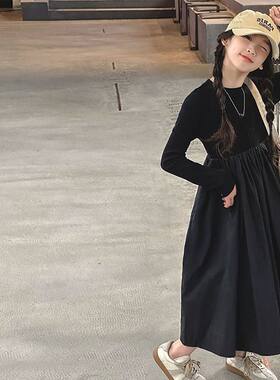 春秋季女童长袖韩系黑色赫本风长裙子超好看高级感洋气连衣裙