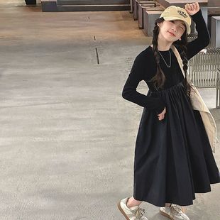 春秋季女童长袖韩系黑色赫本风长裙子超好看高级感洋气连衣裙