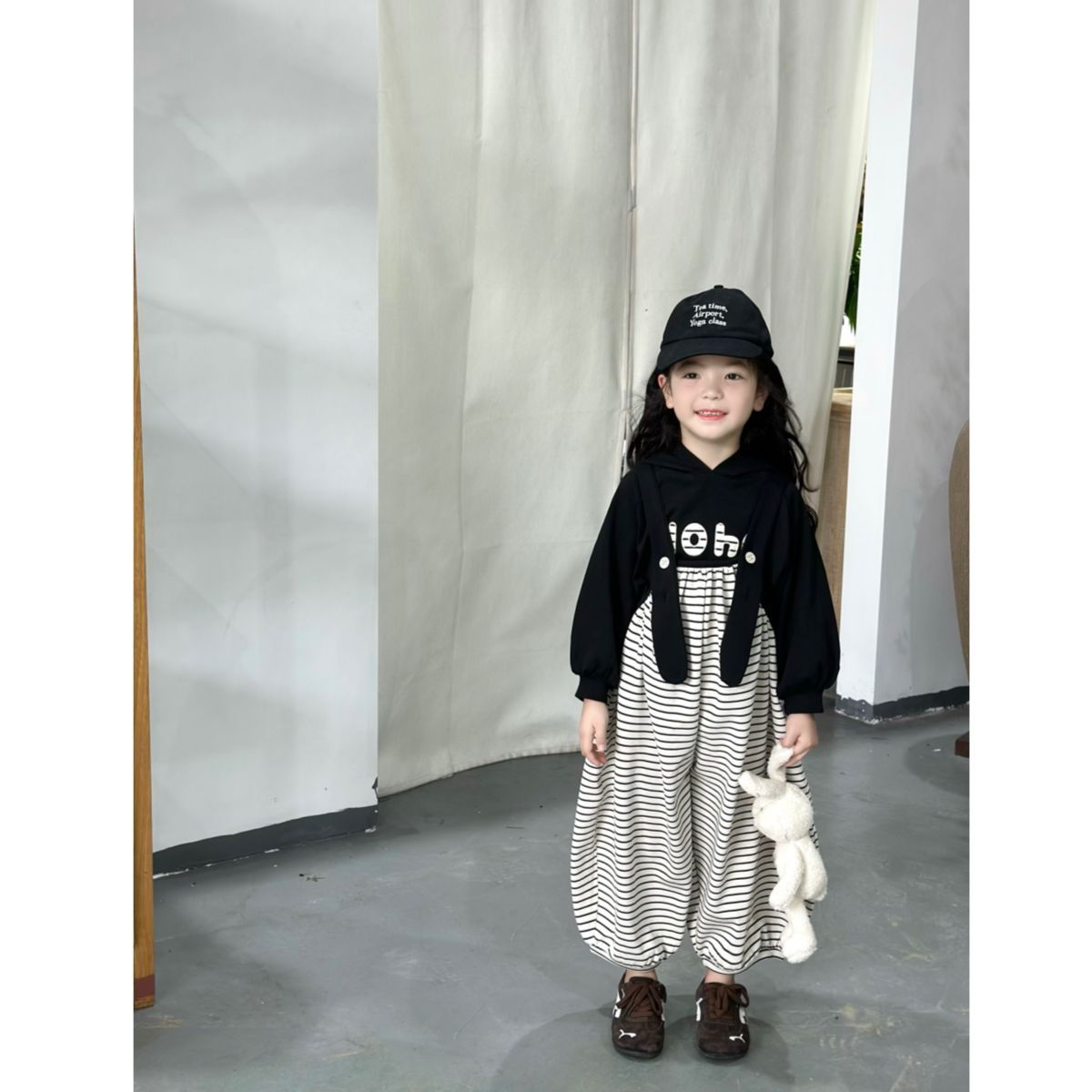 2025带帽卫衣+条纹连体背带裤春秋新款中小童收口裤长裤
