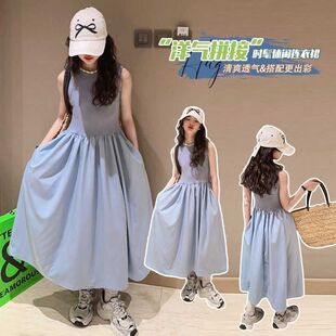 女童连衣裙夏季网红中大童法式赫本风公主裙小女孩学院风简约长裙