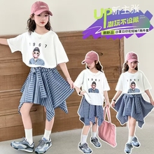 2025炸街女童裙子套装夏季小女孩夏装洋气时髦不规则格子裙两件套