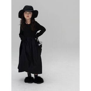 女童赫本风黑色长袖连衣裙秋季2026新款儿童修身打底蓬蓬拼接裙子