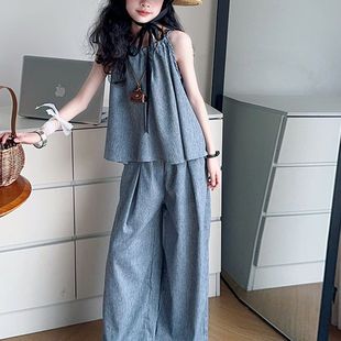 女童套装2025新款夏季儿童洋气韩系吊带背心直筒阔腿裤时髦两件套