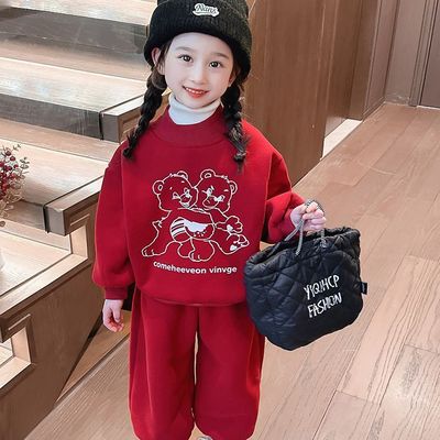 女童加绒套装秋冬2025新款儿童红色圣诞女宝宝冬装洋气时髦两件套