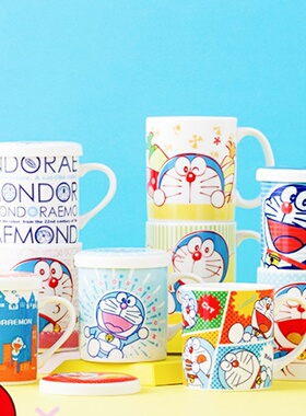 哆啦A梦机器猫带盖水杯家用陶瓷卡通马克杯茶杯办公杯可爱情侣杯