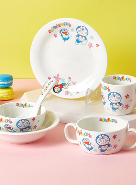 哆啦A梦陶瓷餐具套装儿童专用可爱碗碟吃饭碗宝宝防烫饭碗杯盘子