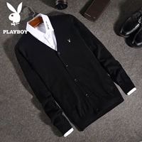 Áo len nam Playboy Áo len nam cardigan mỏng Hàn Quốc áo len mỏng nam mùa thu giản dị - Cardigan áo da nam