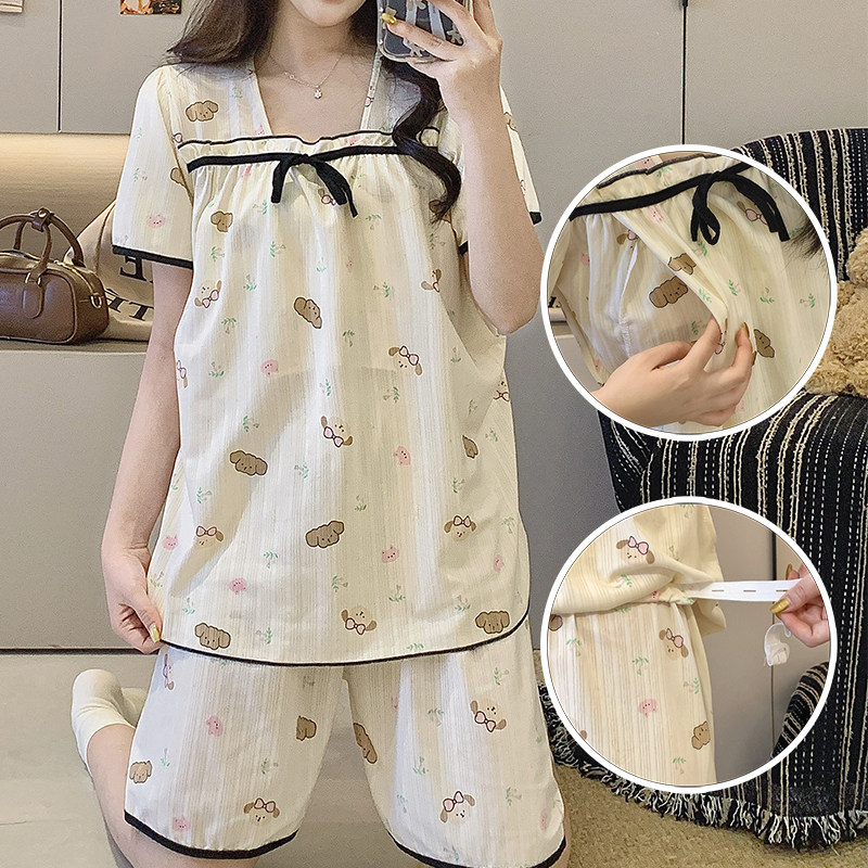 夏季带胸垫冰丝短袖孕妇哺乳睡衣夏天产后喂奶套装产妇月子服待产