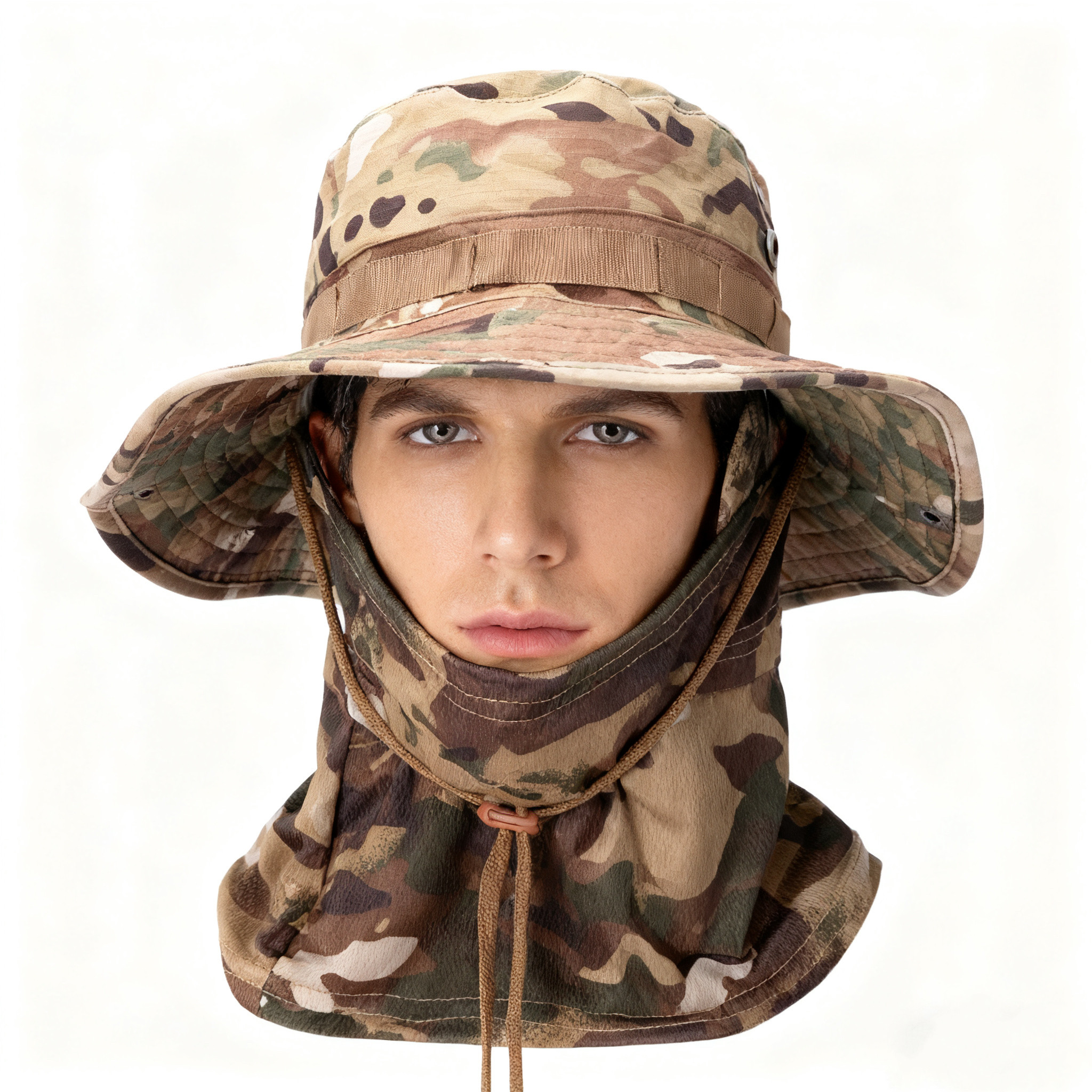 迷彩圆边奔尼帽遮阳防晒渔夫帽男户外登山钓鱼大帽檐夏季骑行