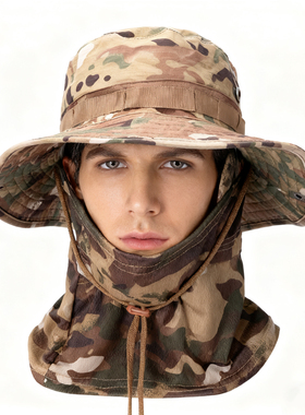 迷彩圆边奔尼帽遮阳防晒渔夫帽男户外登山钓鱼大帽檐夏季骑行