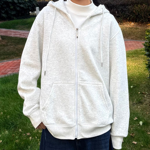 简约运动风连帽卫衣女白花灰拉链加绒开衫宽松外套冬季新款上衣