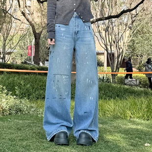 泼墨涂鸦阔腿牛仔裤女春季新款高腰宽松直筒休闲设计感小众长裤