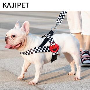 宠物胸背带黑白棋盘格狗狗胸背带牵引绳法斗犬遛狗绳子柔软好佩戴