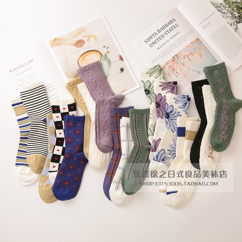 JA秋冬季超柔软保暖羊毛堆堆袜女日系条纹方格加厚款短袜子中筒袜