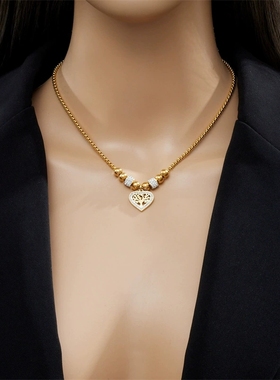 欧美时尚钛钢生命树爱心吊坠个性简约镀金串珠链条项链