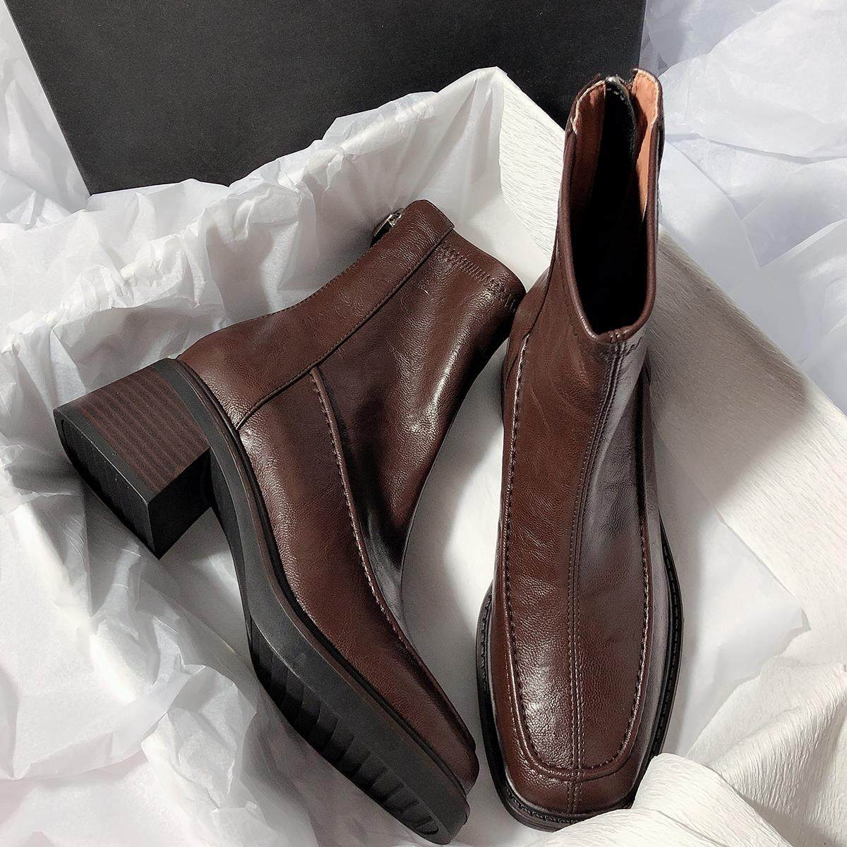 牛皮版~弹力短筒包腿靴新款通勤真皮方头粗跟后拉链高跟瘦瘦靴女,女鞋,时装靴,淘宝优惠券,粉丝福利购,淘宝优惠卷