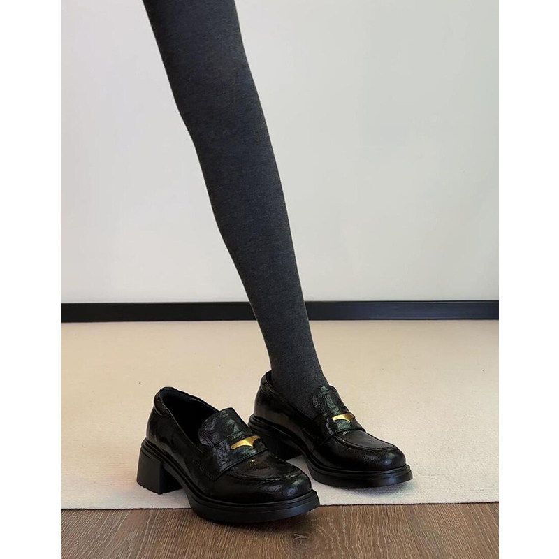 羊皮版~英伦简约圆头粗跟一脚蹬乐福鞋女真皮百搭厚底小皮鞋单鞋