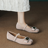 通勤百搭平底芭蕾舞单鞋 法式 气质方头水钻蝴蝶结一字带玛丽珍时尚