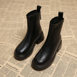 加绒真皮高级感炸街显脚小黑色短靴子 冬款 厚底马丁靴女款 2025新款