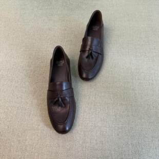 羊皮版~2026新款真皮复古中跟乐福鞋女百搭一脚蹬小皮鞋圆头单鞋