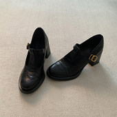 羊皮版 粗跟单鞋 复古圆头气质T字扣带高跟玛丽珍小皮鞋 通勤高跟鞋