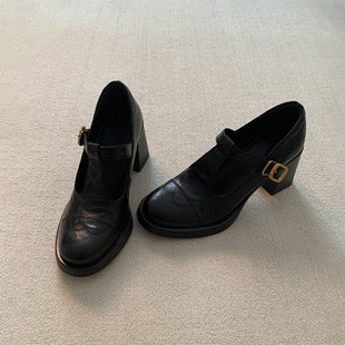 羊皮版~复古圆头气质T字扣带高跟玛丽珍小皮鞋通勤高跟鞋粗跟单鞋