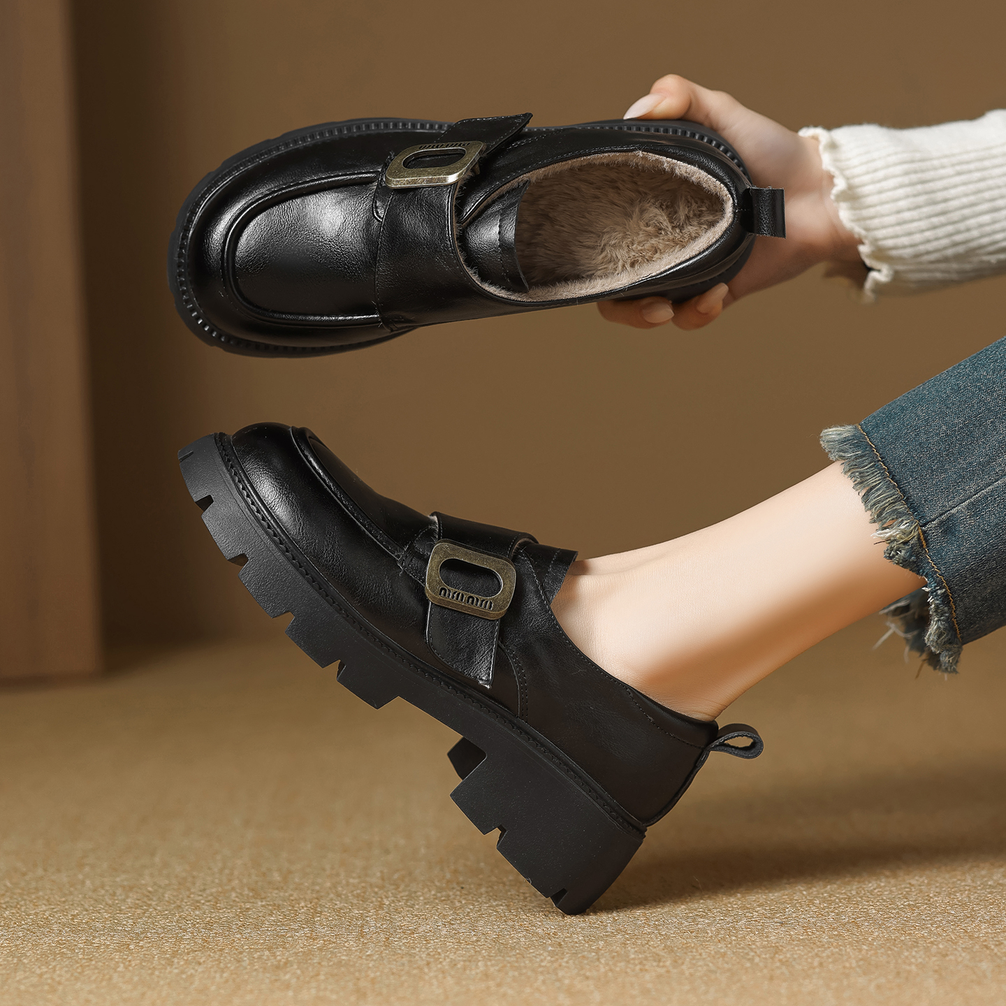 真皮英伦加绒乐福小皮鞋