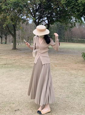 Minyang|ANDS卡其灰棕高腰a字中长款百褶裙大摆长裙半身裙