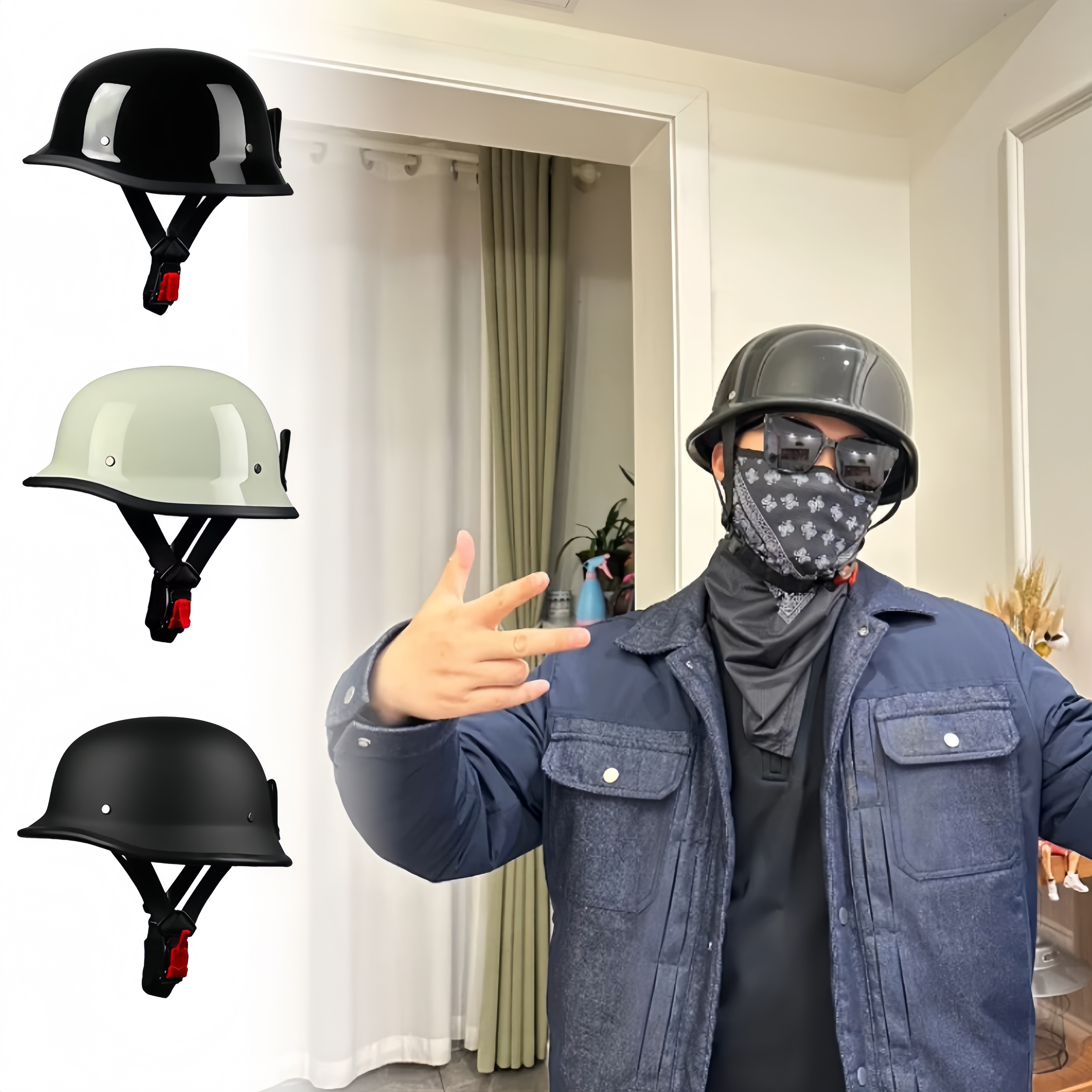 国标3C复古摩托车头盔男半盔夏季德式大兵盔巡航车瓢盔大头围