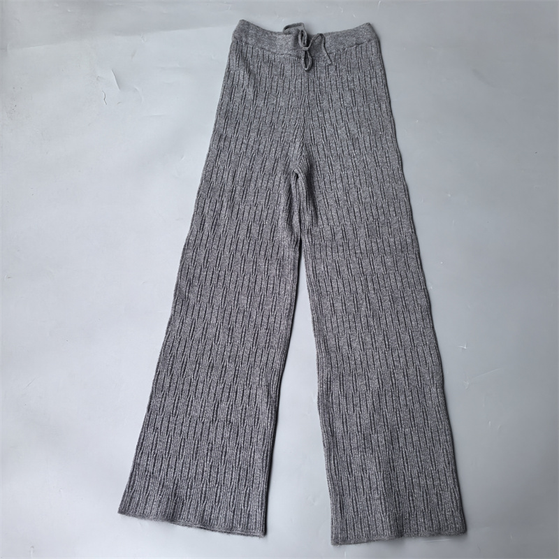 抽条罗纹女裤高腰针织蚕丝羊绒混纺弹力柔软阔版直筒裤高端瑕疵款