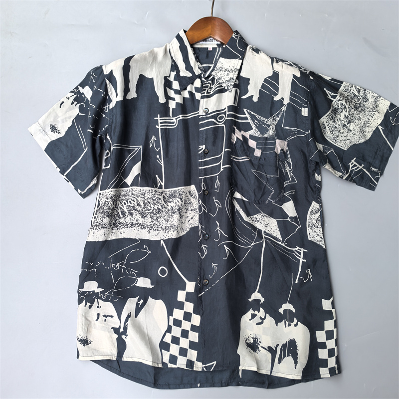 外单  柔软100真丝电力纺口袋宽松气质短袖花色上衣女衬衫透气 新