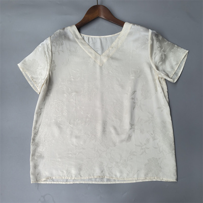 乳白色不透 100%真丝提花透孔花萝上衣桑蚕丝女T恤夏季简约短袖新
