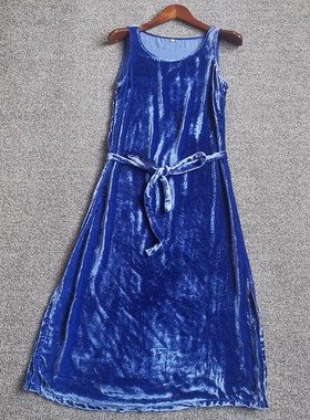 好货 蓝色 100桑蚕丝丝绒真丝连衣裙 无袖A字背心裙 纯色圆领长裙