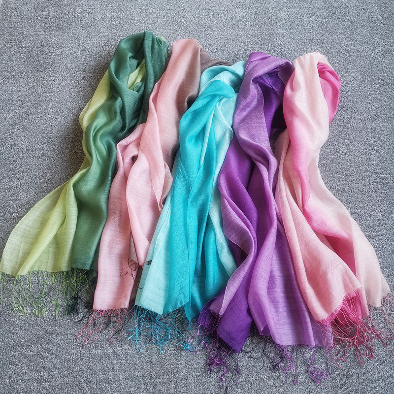 渐变色柔软 50%羊毛+50%真丝围巾女冬季保暖撞色围脖 新品