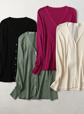 新品 绢丝棉混纺抽条开衫宽松针织真丝女装毛衣外套气质上衣