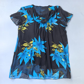 女装 夏季 圆领折褶文艺花色100%双层真丝衬衫 新品 套头T衫 上衣柔软