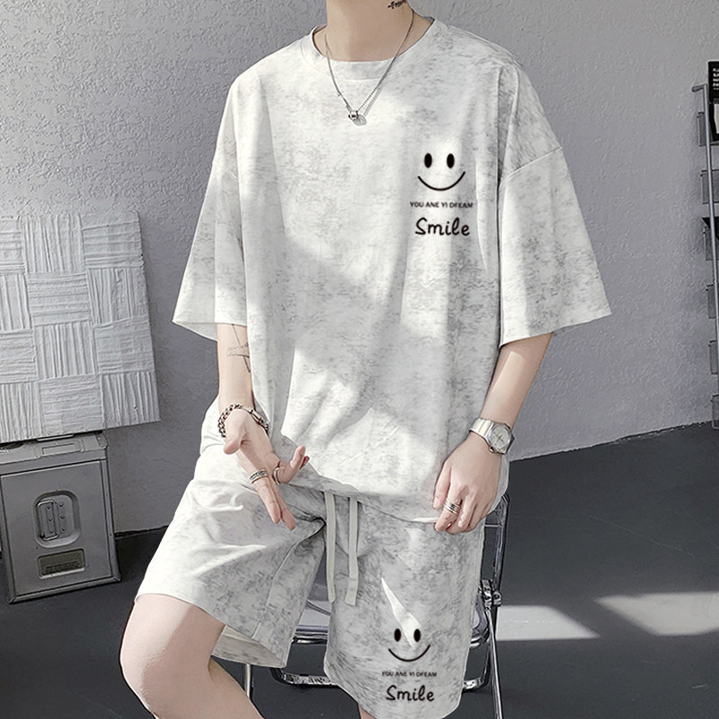 大码扎染休闲套装印花短袖T恤男士青少年夏季宽松运动短裤两件套