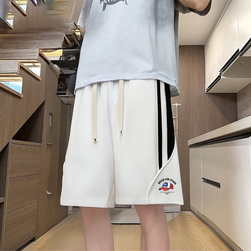 潮流复古拼接条纹直筒运动短裤男2025夏季大码宽松休闲阔腿五分裤