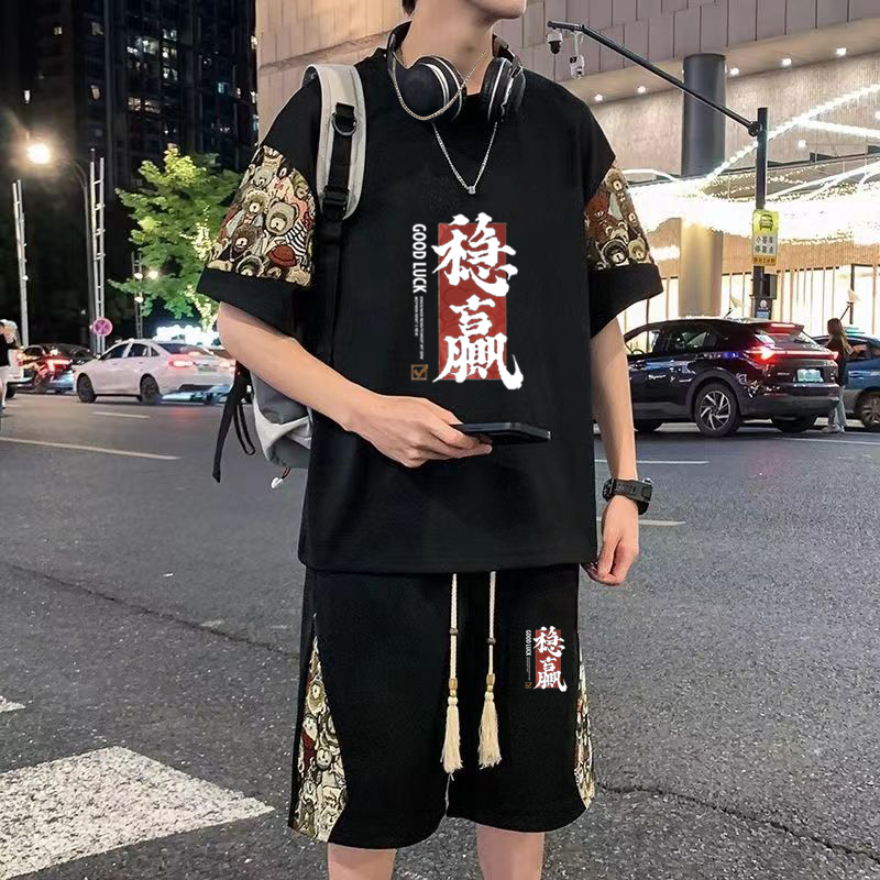潮流新中式华夫格休闲套装短袖t恤青少年夏季宽松搭配运动五分裤