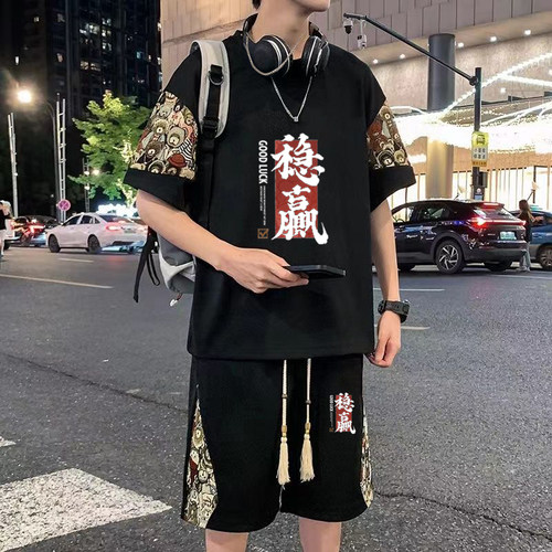潮流新中式华夫格休闲套装短袖t恤青少年夏季宽松搭配运动五分裤